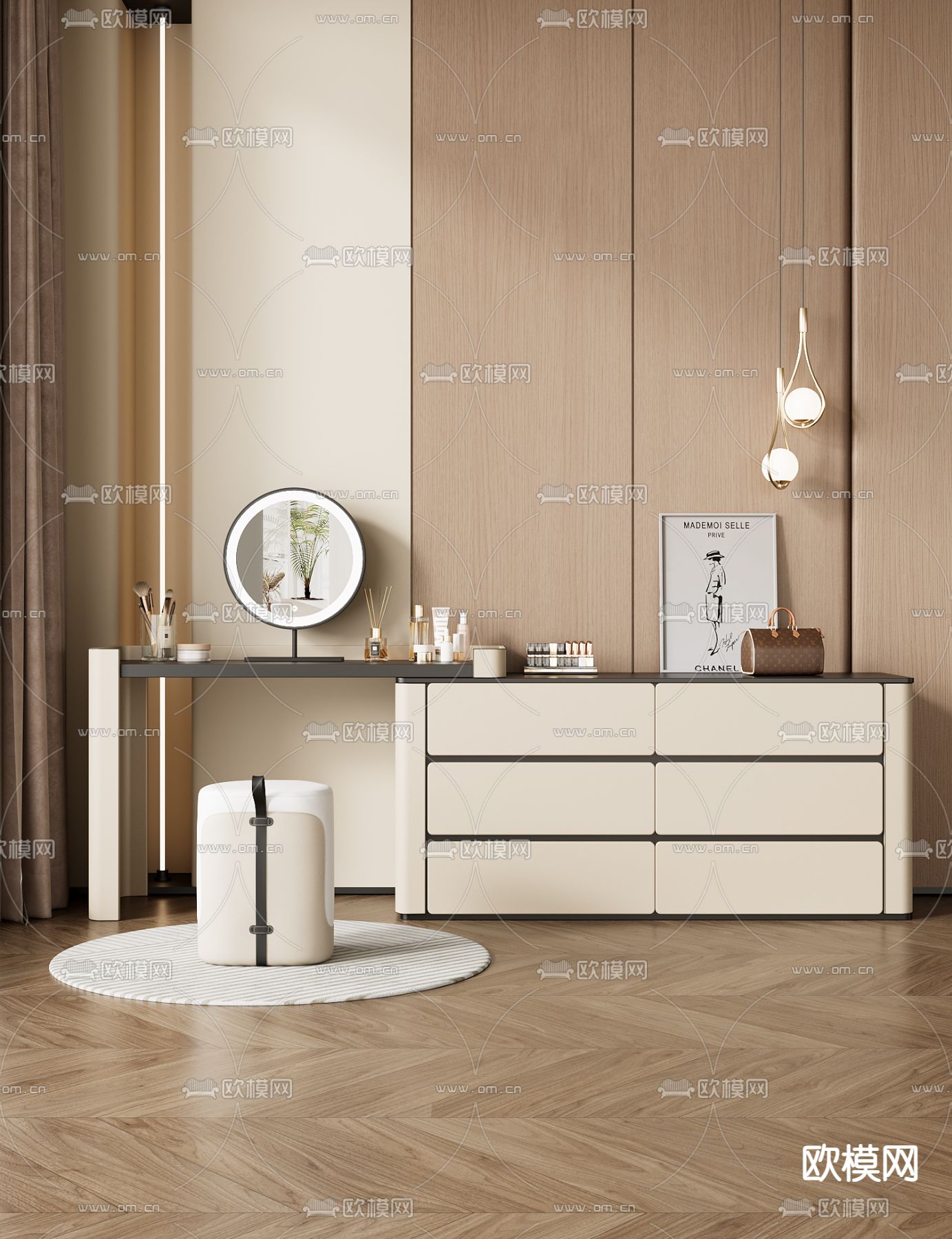 现代梳妆台 化妆桌su模型下载（渲染图1）