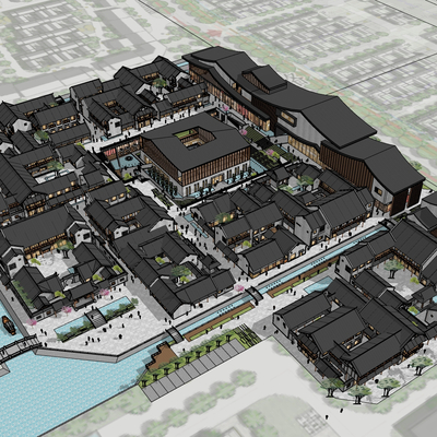  古城古镇规划商业街su模型 