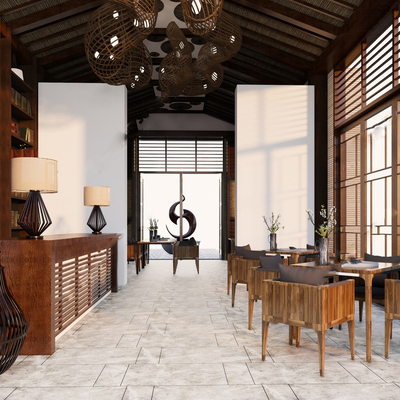  新中式民宿 酒店 大堂su模型 