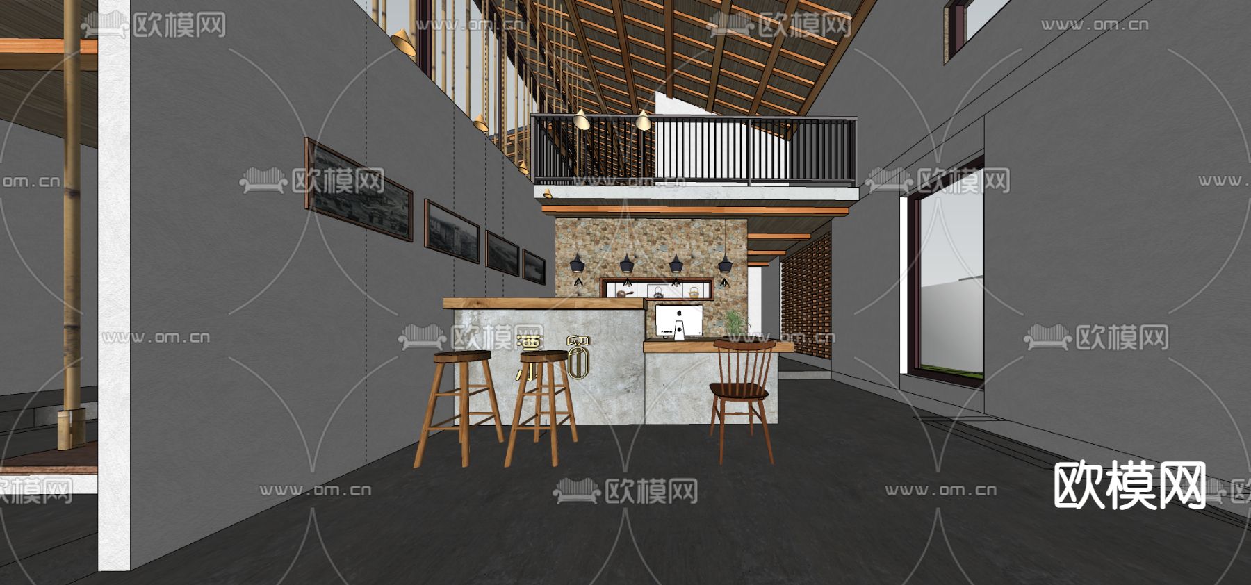 现代民宿 酒店 前台 吧台su模型下载（渲染图1）
