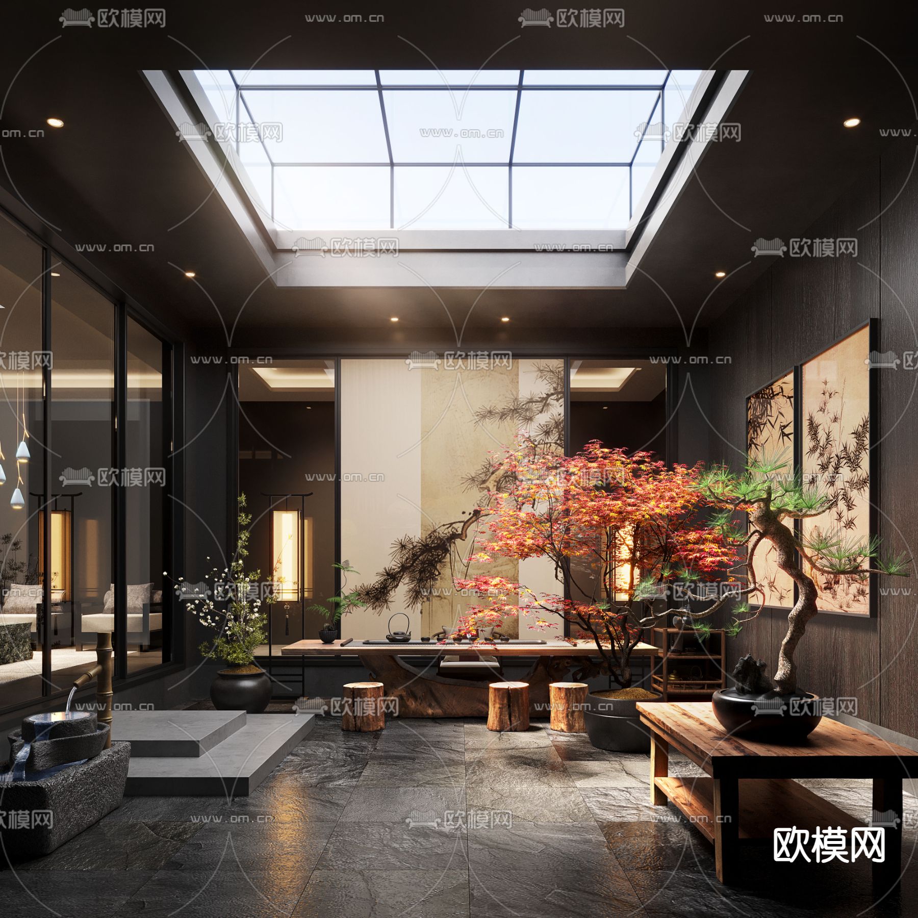 新中式天井庭院景观su模型下载（渲染图2）