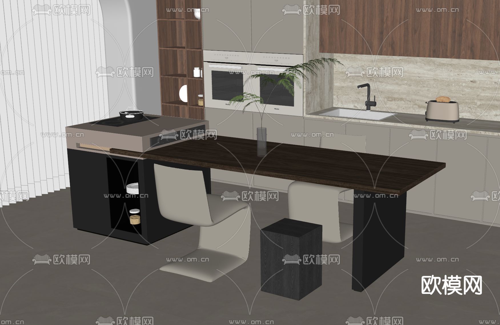 侘寂中岛台 餐岛台 西厨吧台su模型下载（渲染图2）