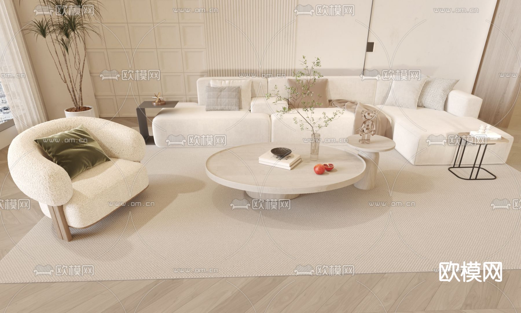 奶油风沙发 组合沙发su模型下载（渲染图1）