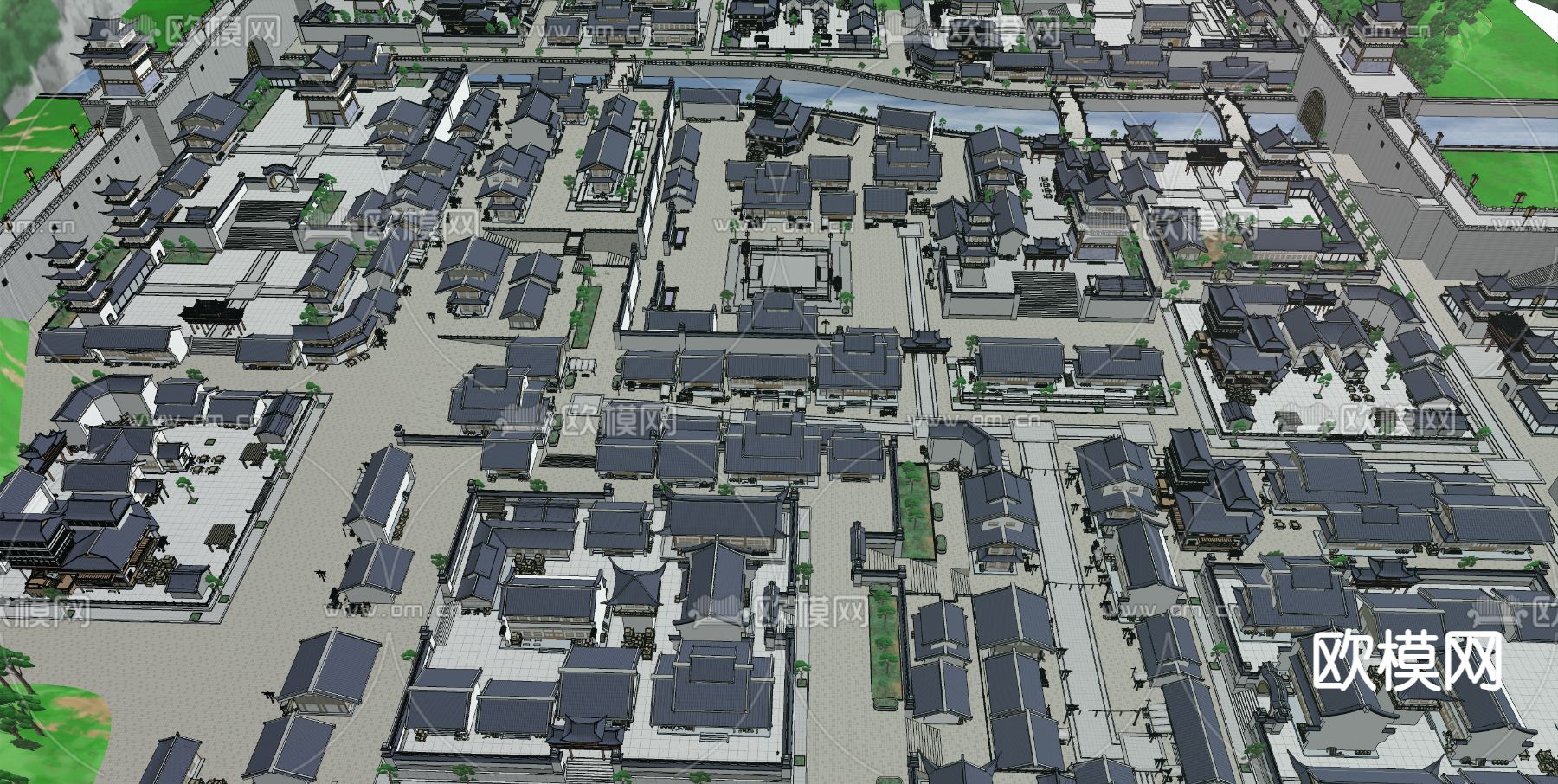 古代城墙城郭城市 古镇鸟瞰su模型下载（渲染图3）