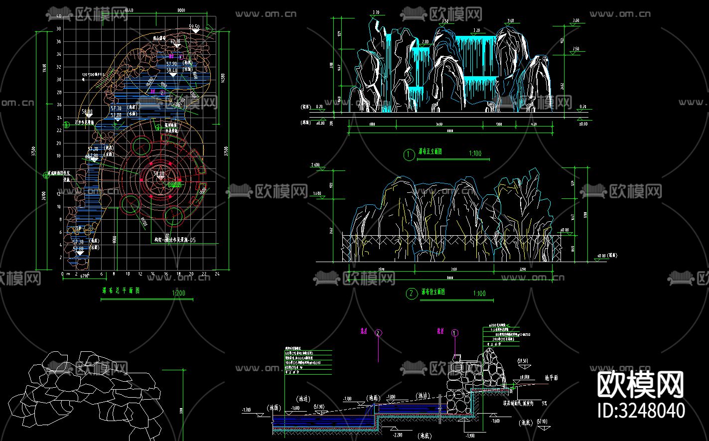 假山跌水、景观置石CAD图库下载（渲染图6）
