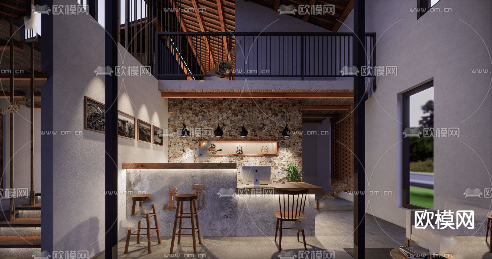 现代民宿 酒店 前台 吧台su模型下载（渲染图2）