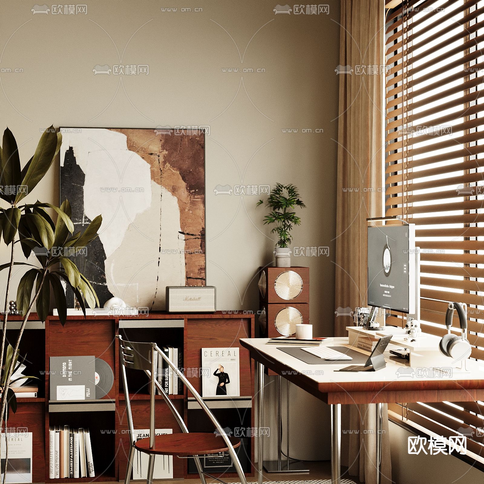 中古风书桌椅su模型下载（渲染图2）