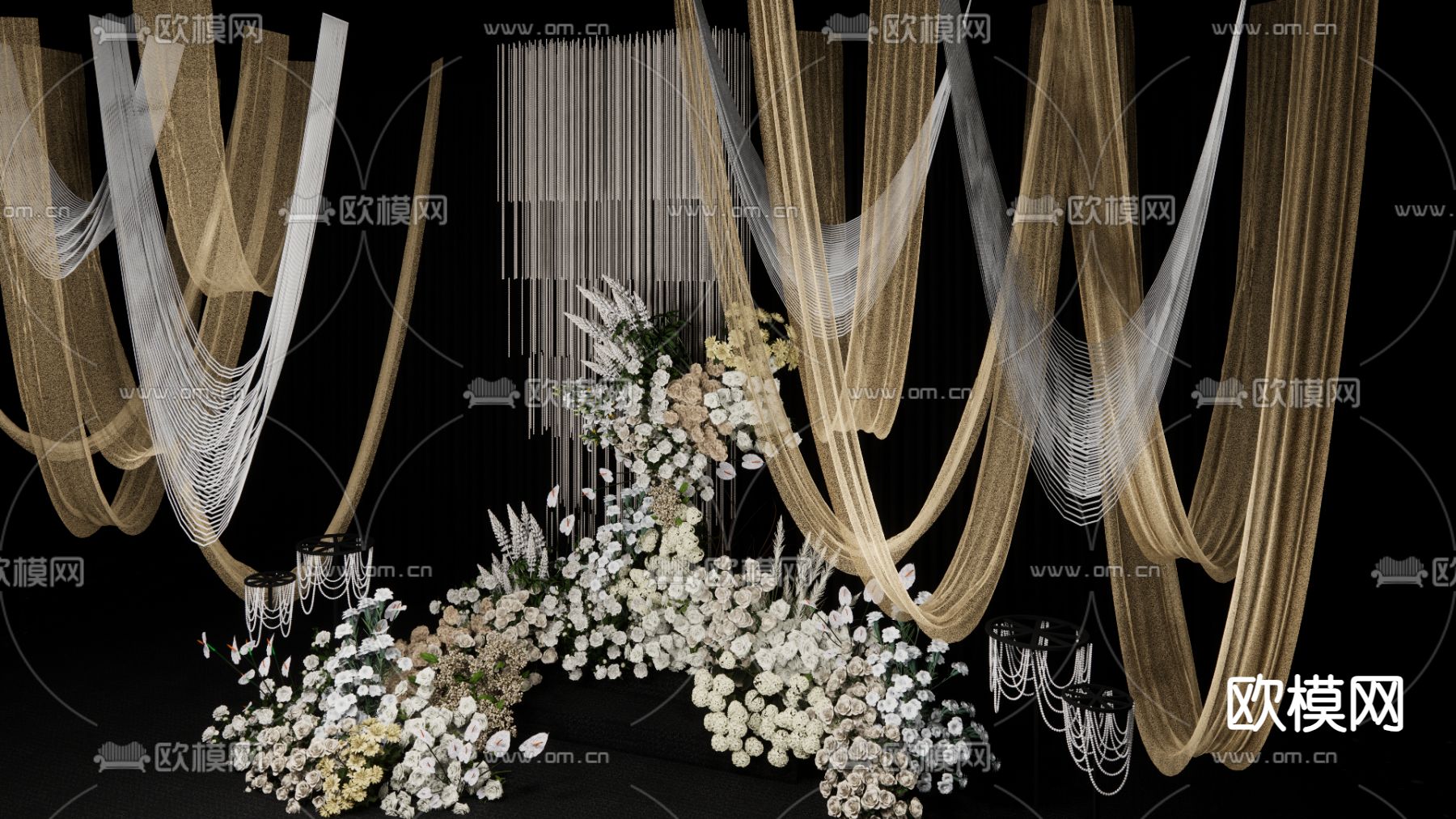 香槟色布幔纱 珍珠串 婚礼美陈su模型下载（渲染图5）
