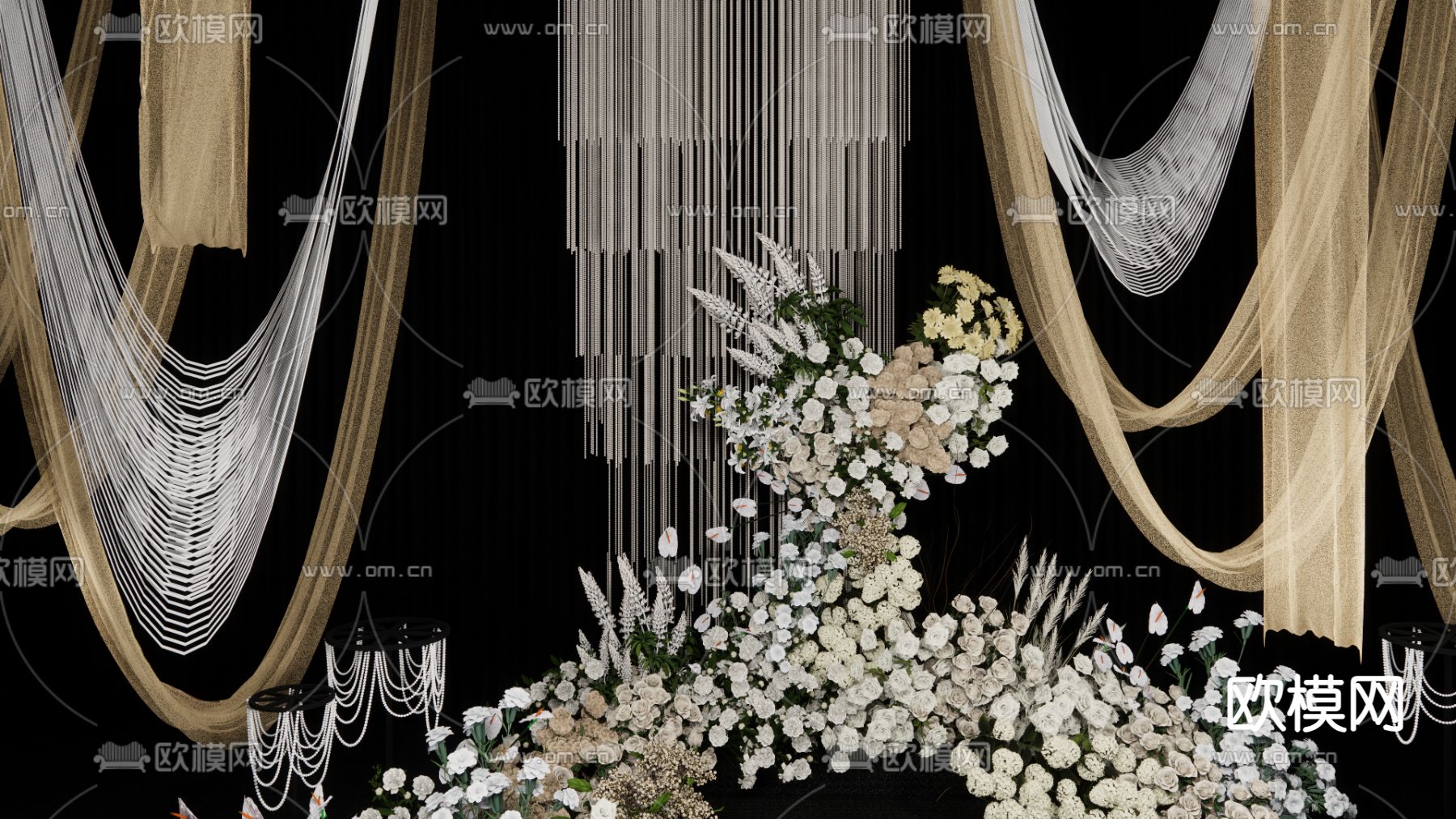香槟色布幔纱 珍珠串 婚礼美陈su模型下载（渲染图3）