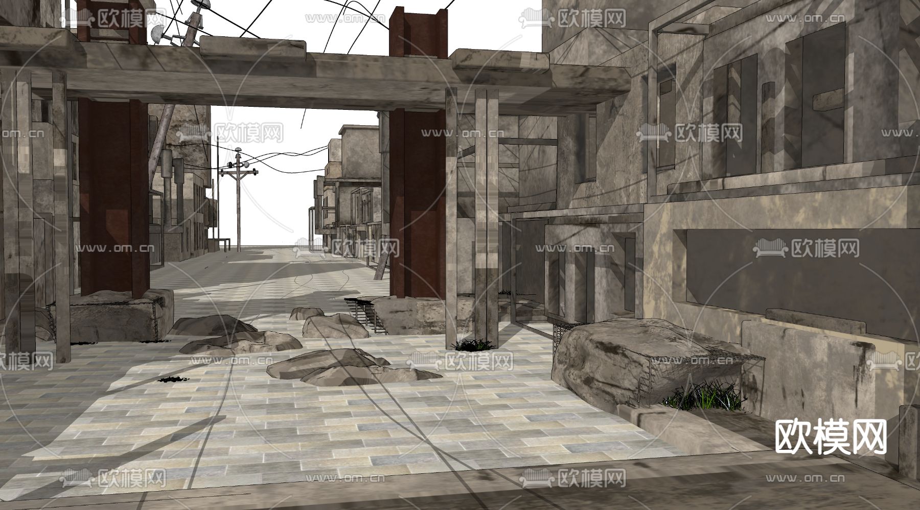 街道废墟 战后废墟 工业风遗址su模型下载（渲染图3）