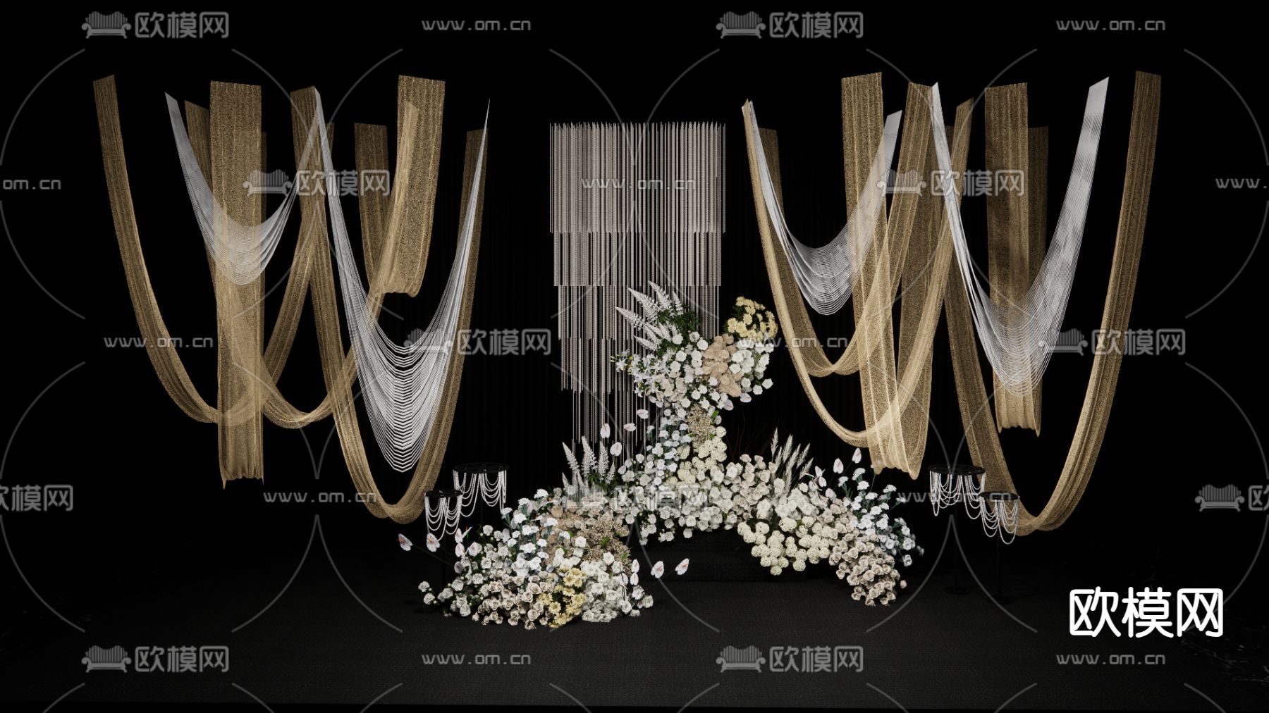 香槟色布幔纱 珍珠串 婚礼美陈su模型下载（渲染图1）