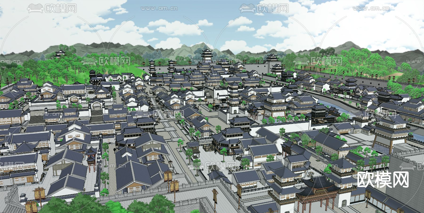 古代城墙城郭城市 古镇鸟瞰su模型下载（渲染图2）
