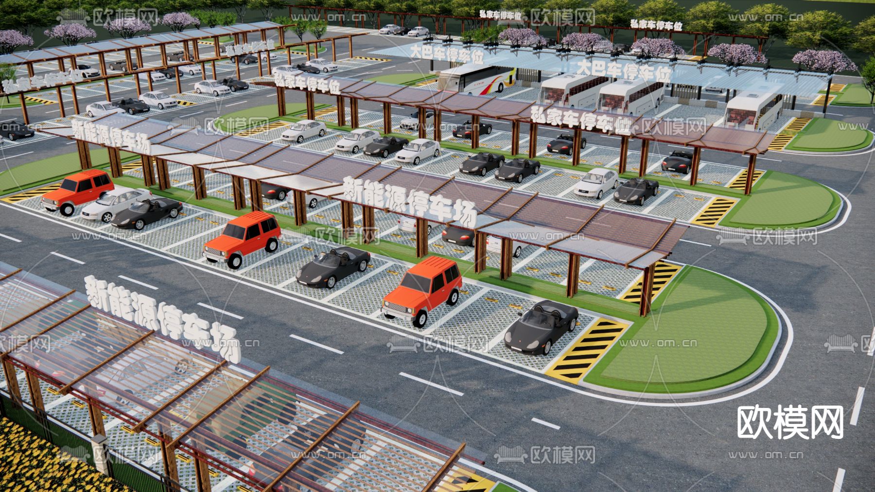 户外停车场 生态停车场su模型下载（渲染图1）