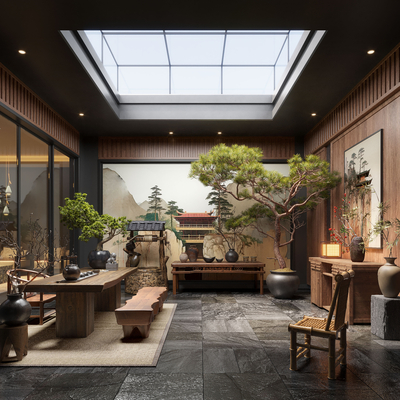  新中式天井庭院景观su模型 