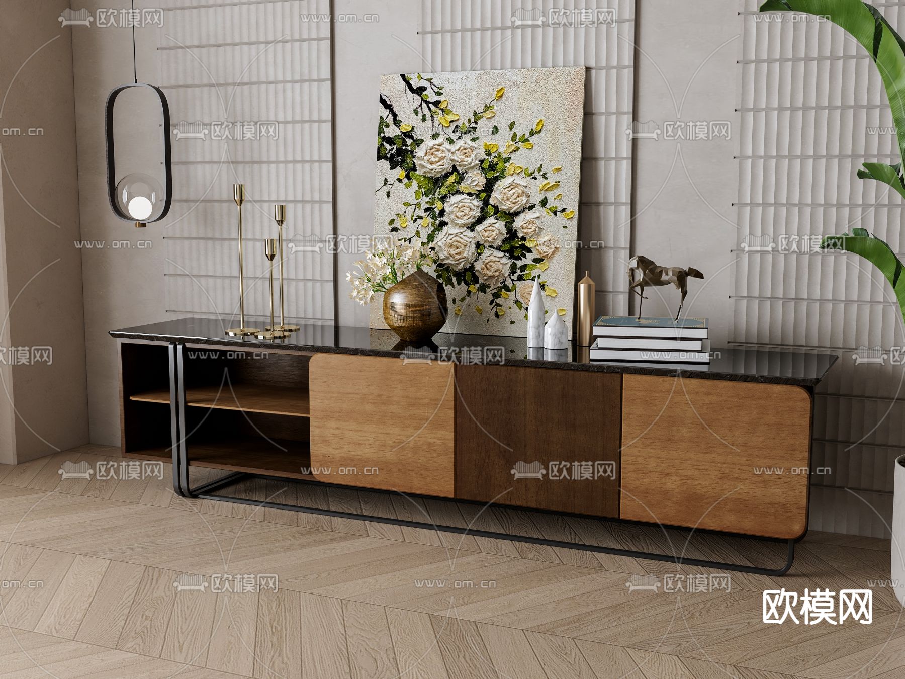 新中式电视柜su模型下载（渲染图1）