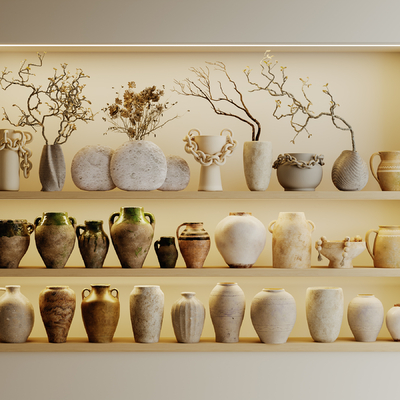  侘寂风陶罐摆件su模型 