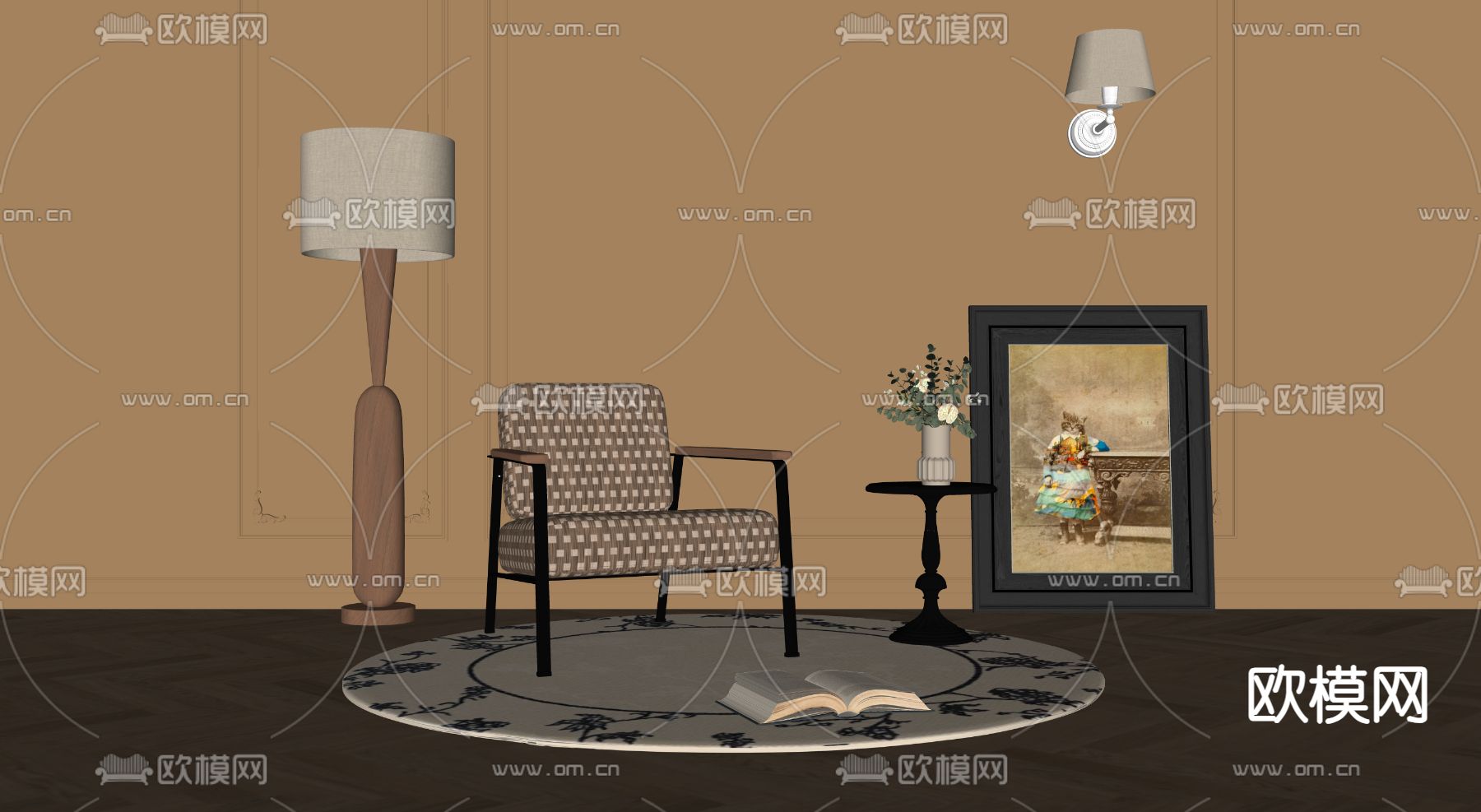 中古风休闲椅 单人椅su模型下载（渲染图2）