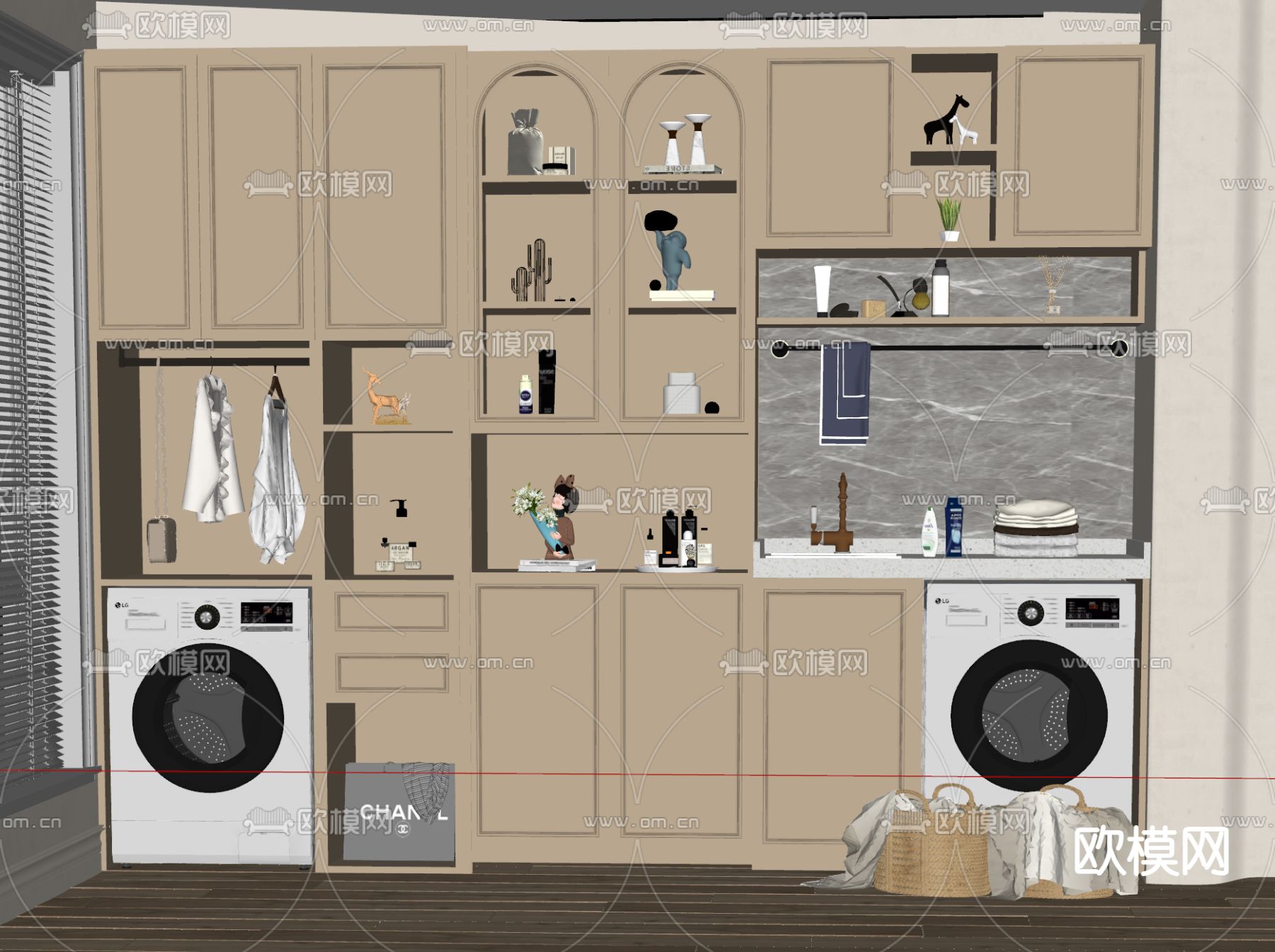 奶油风阳台柜 洗衣机柜su模型下载（渲染图2）
