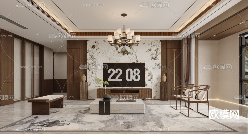 新中式客厅3d模型下载(渲染图1)