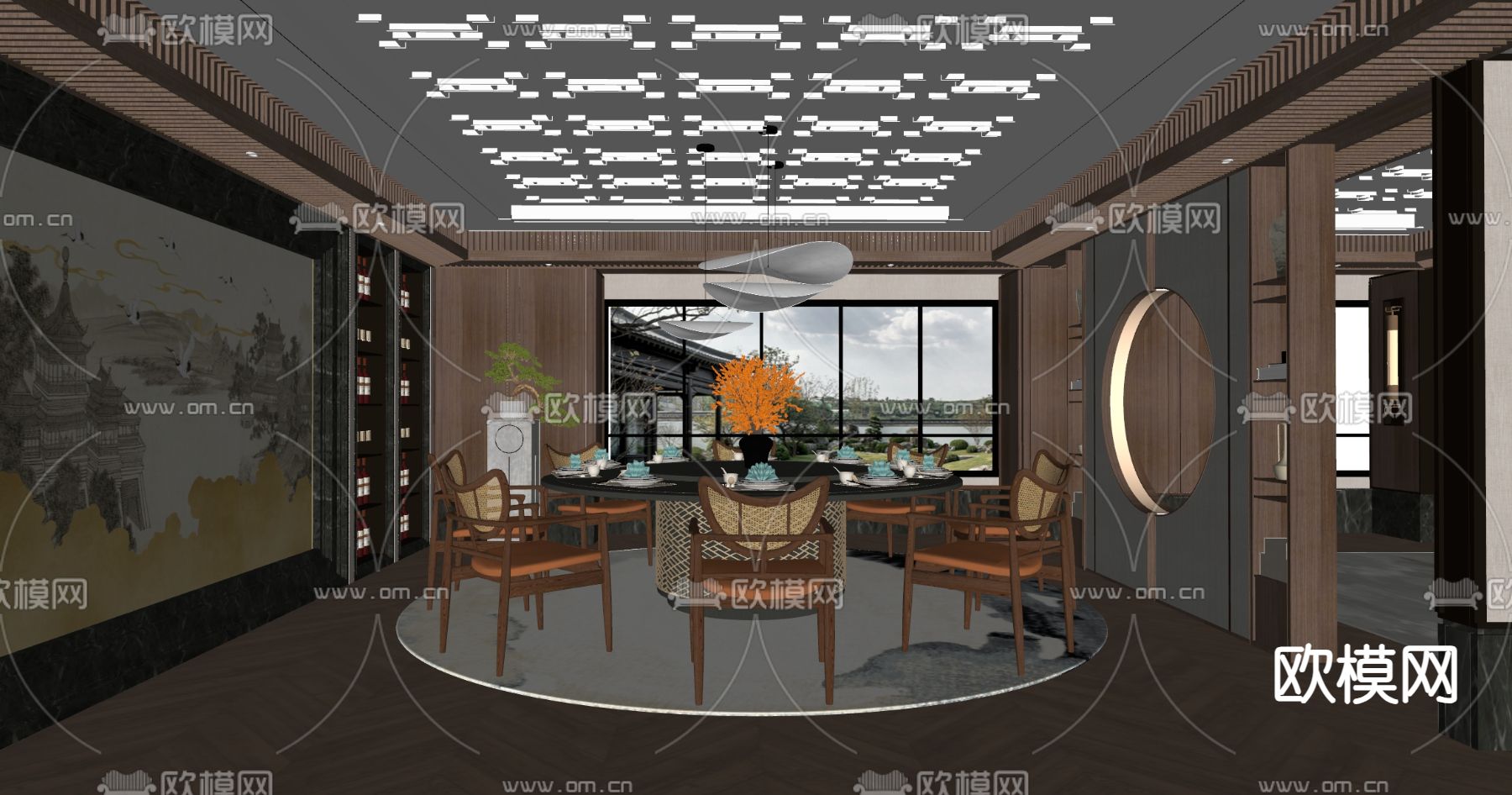 新中式餐厅包间su模型下载（渲染图1）