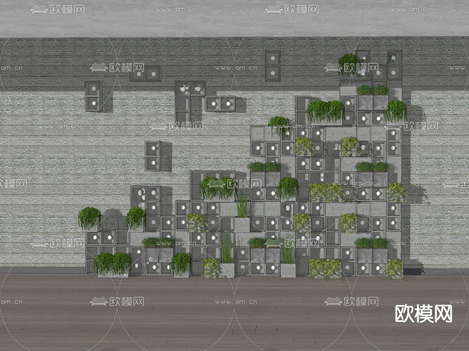 空心砖盆栽 绿植墙su模型下载（渲染图1）