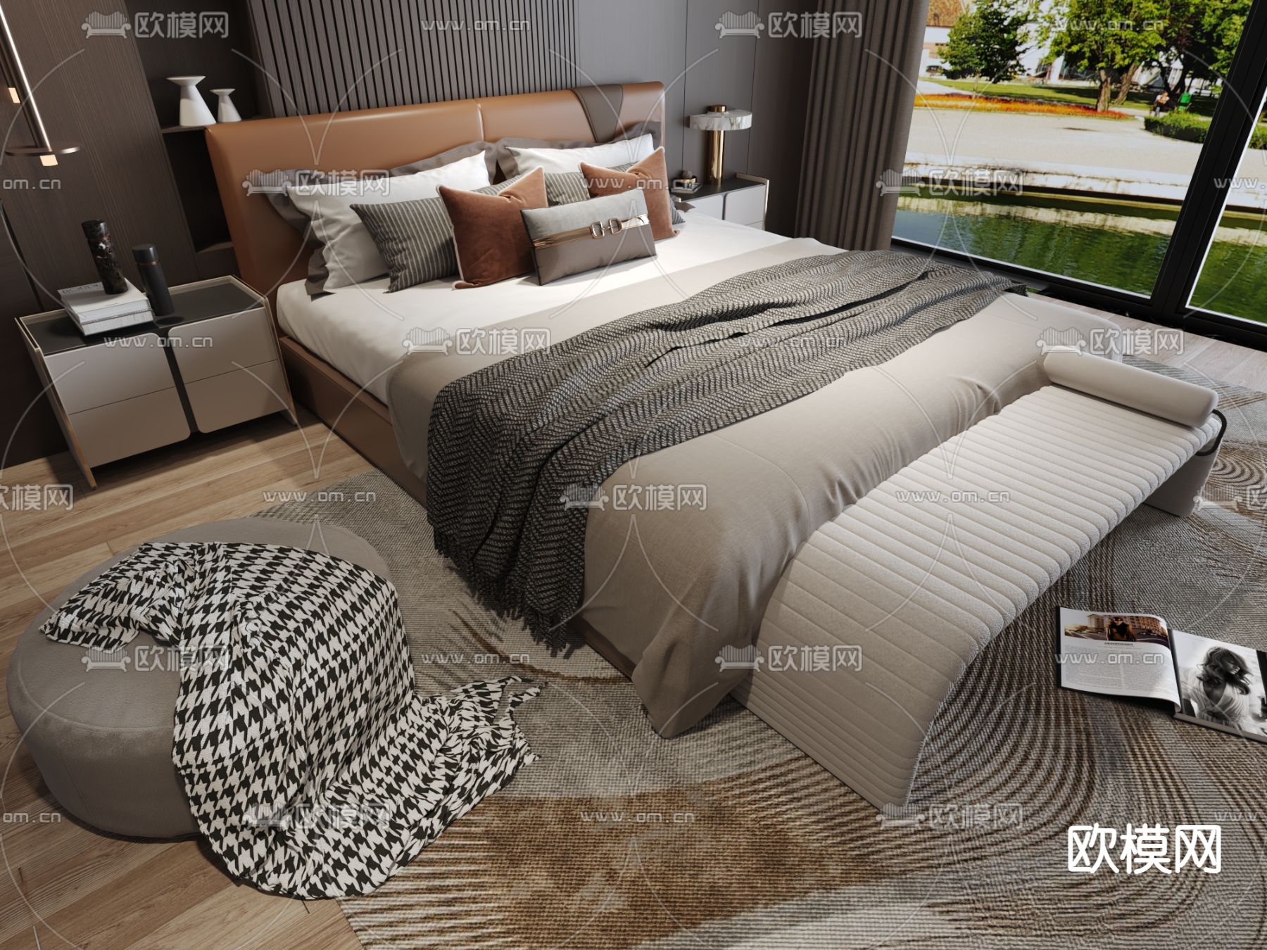 轻奢双人床su模型下载（渲染图1）