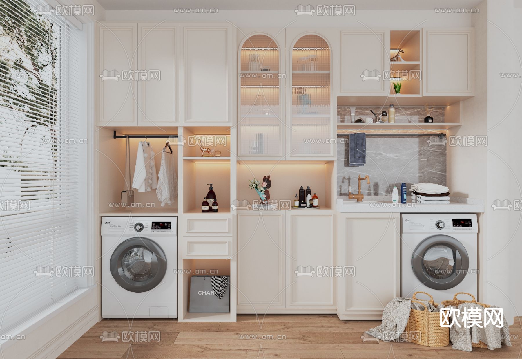 奶油风阳台柜 洗衣机柜su模型下载（渲染图1）