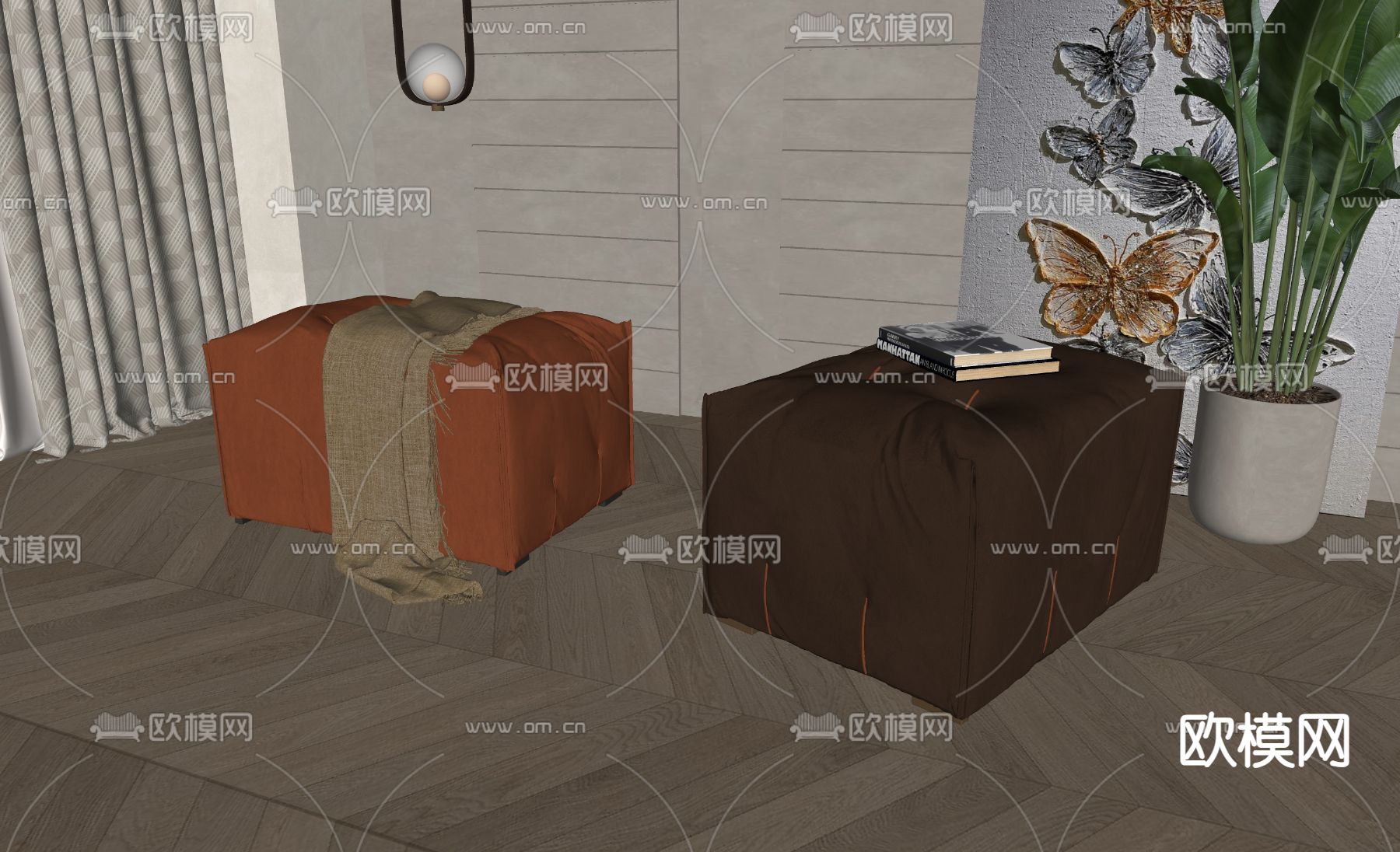 美式皮革换鞋凳su模型下载（渲染图1）