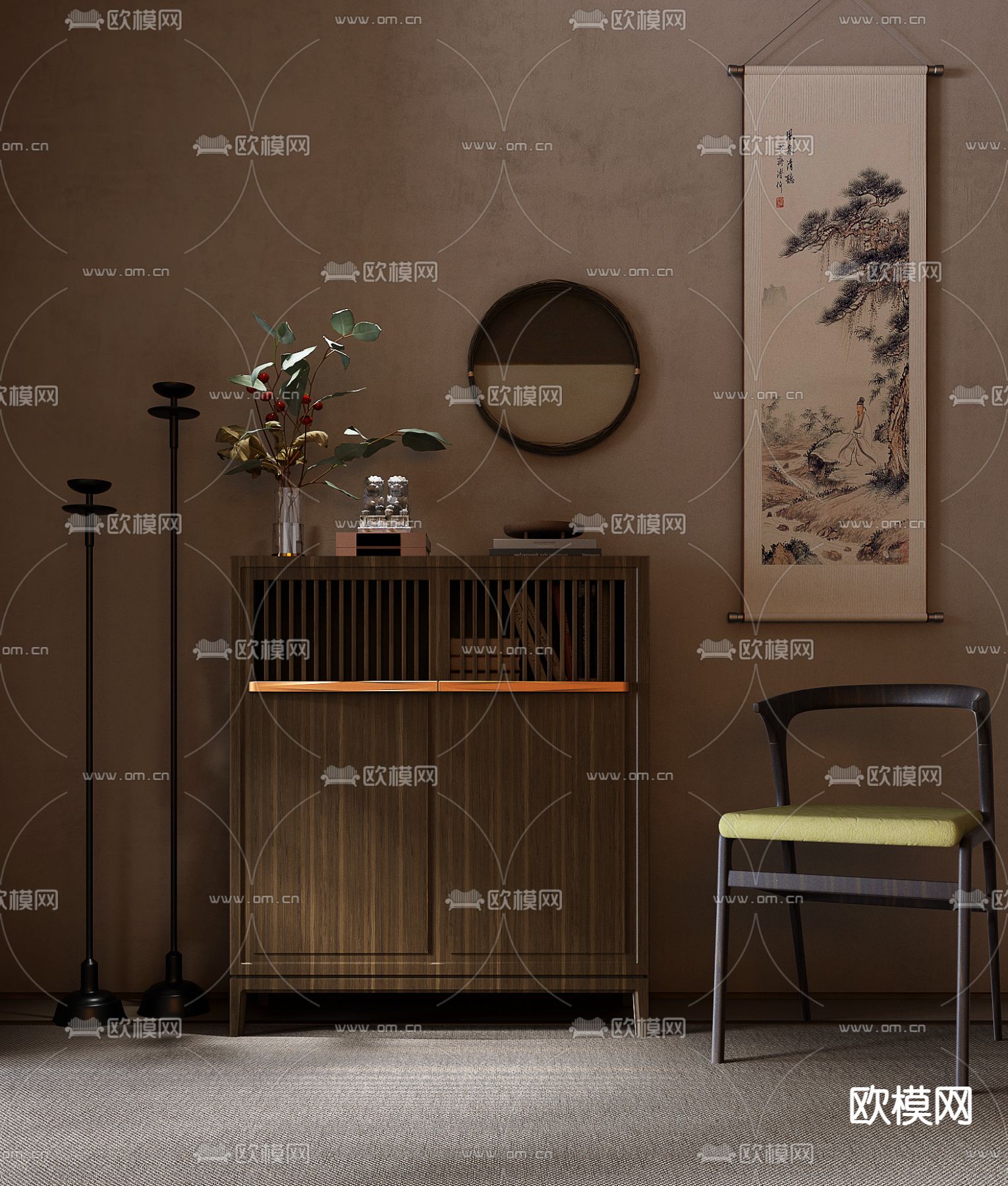 中古风玄关柜3d模型下载