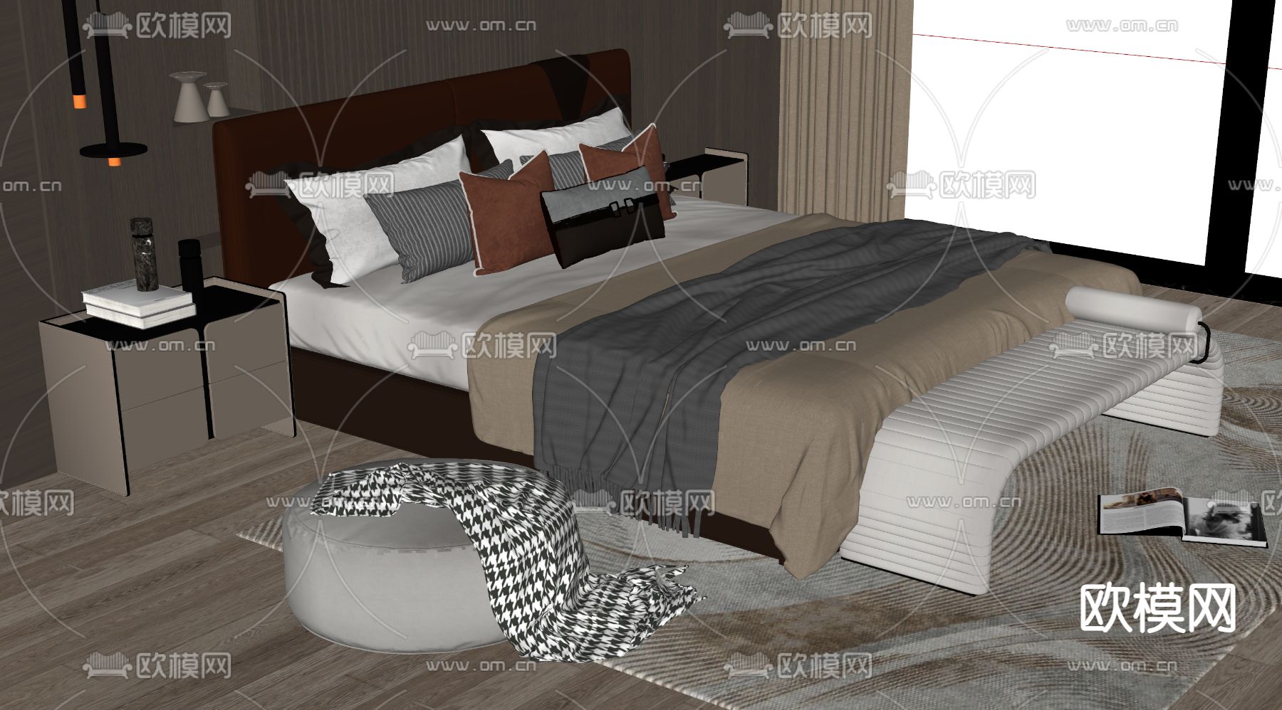 轻奢双人床su模型下载（渲染图2）