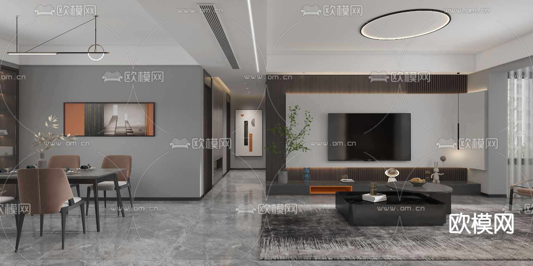 黑白灰客餐厅3d模型下载（渲染图2）