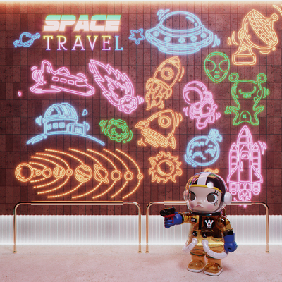  网红打卡墙 拍照摄影墙 宇航员霓虹灯su模型 