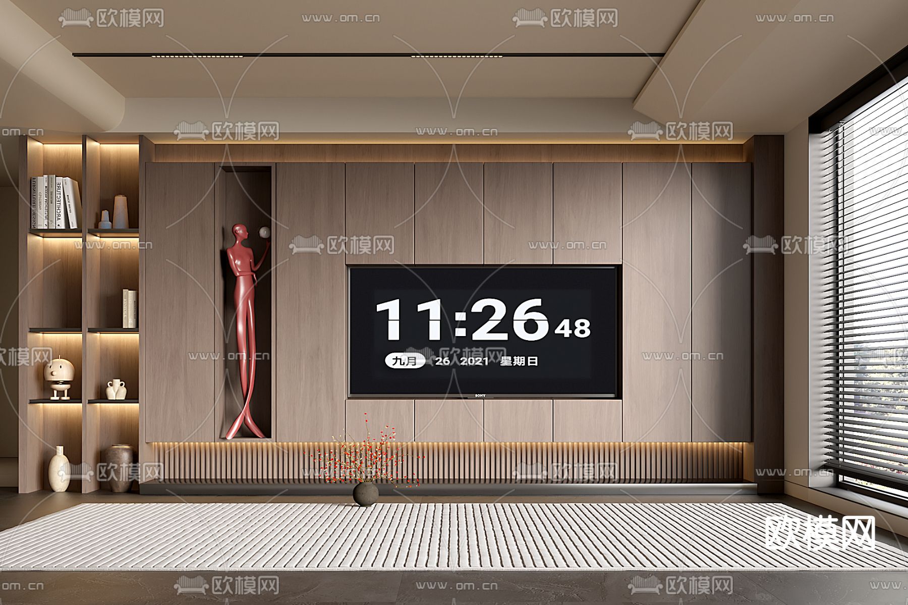 侘寂风电视背景墙su模型下载（渲染图2）