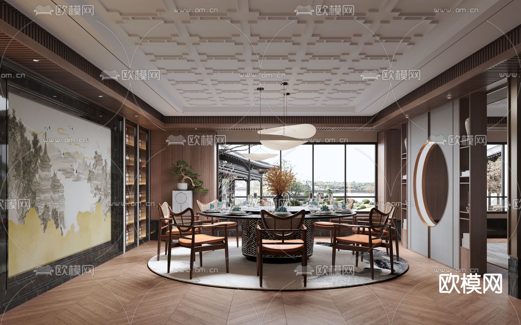 新中式餐厅包间su模型下载（渲染图2）