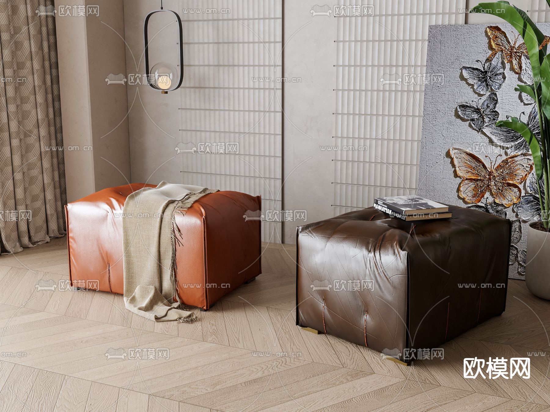 美式皮革换鞋凳su模型下载（渲染图2）