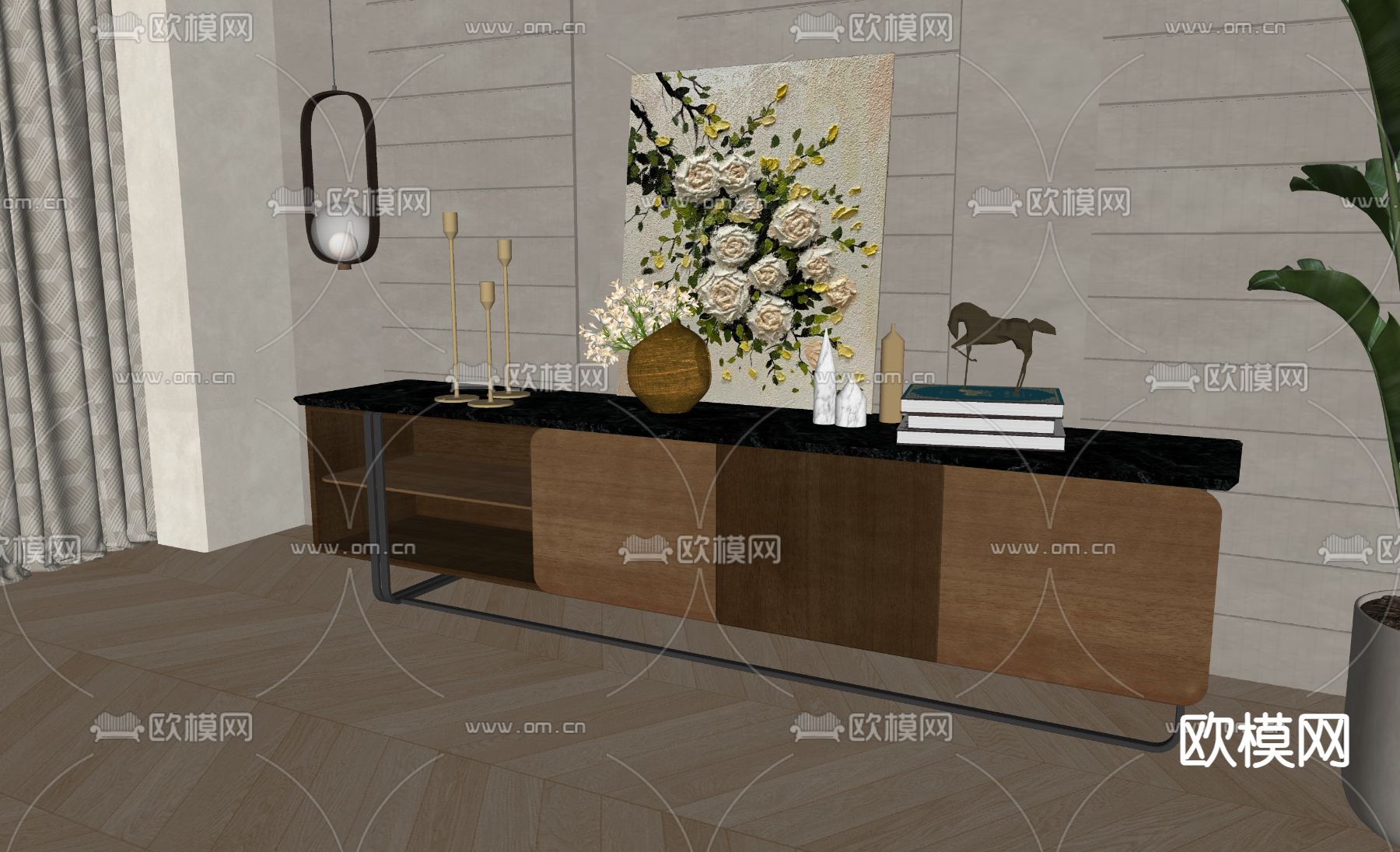 新中式电视柜su模型下载（渲染图2）