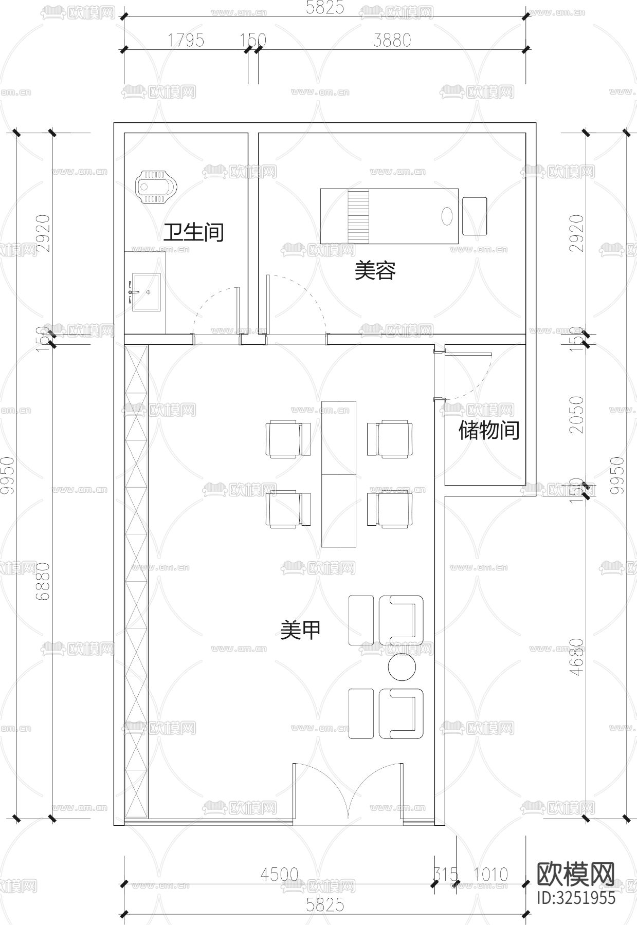 美甲美容护肤中心cad平面图下载（渲染图2）