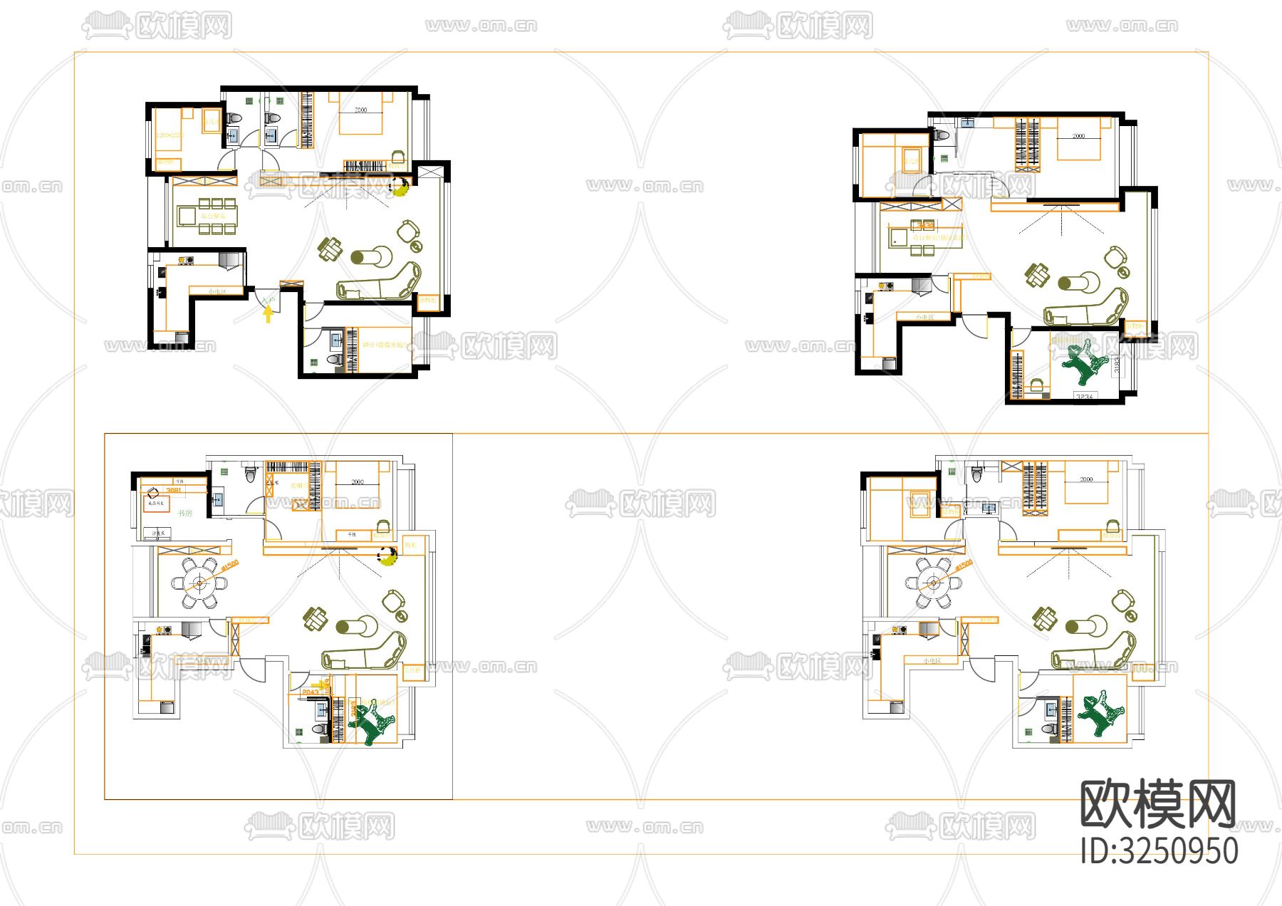 家装平面布局方案 三室一厅cad施工图下载（渲染图2）