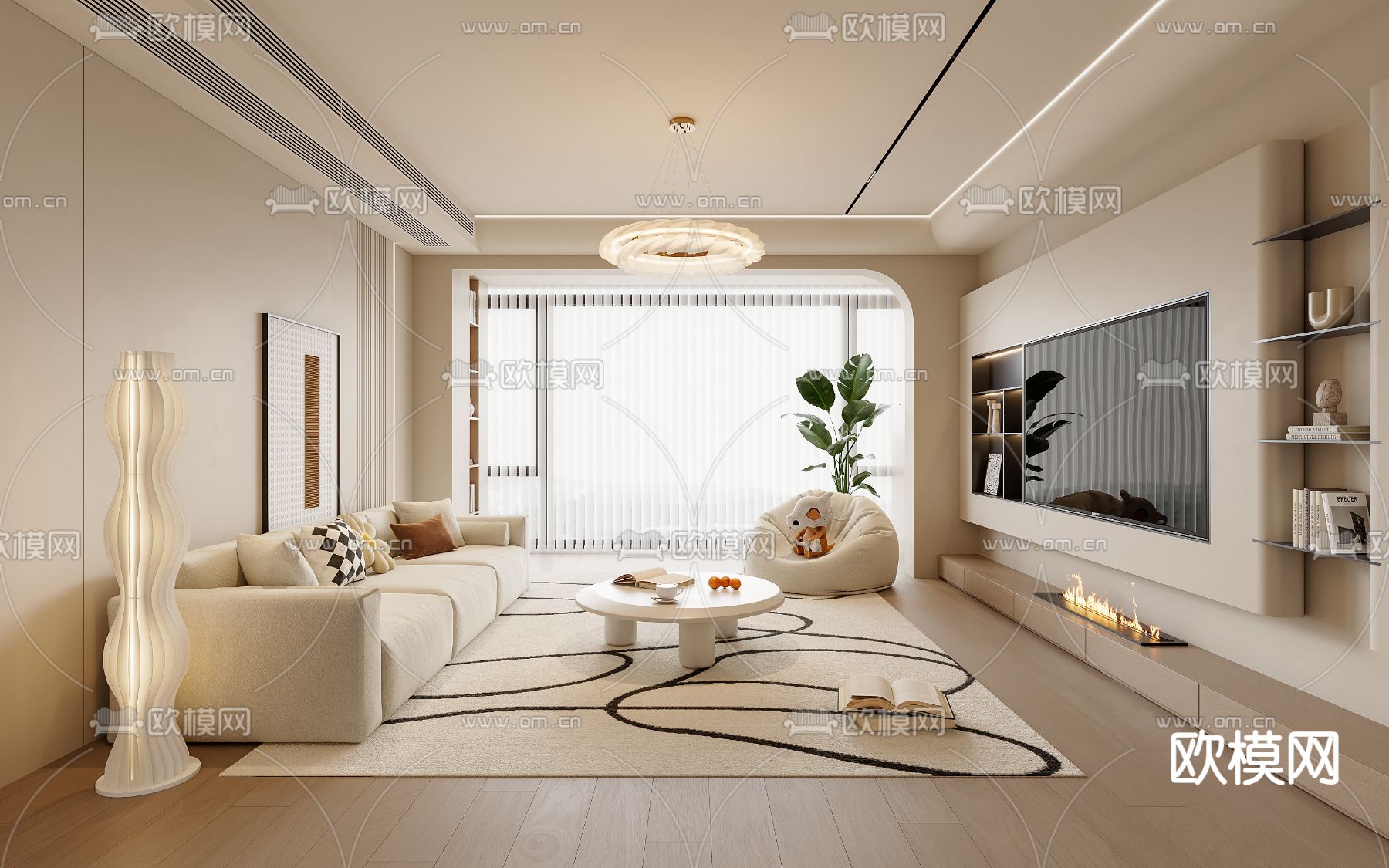 奶油风客厅3d模型下载