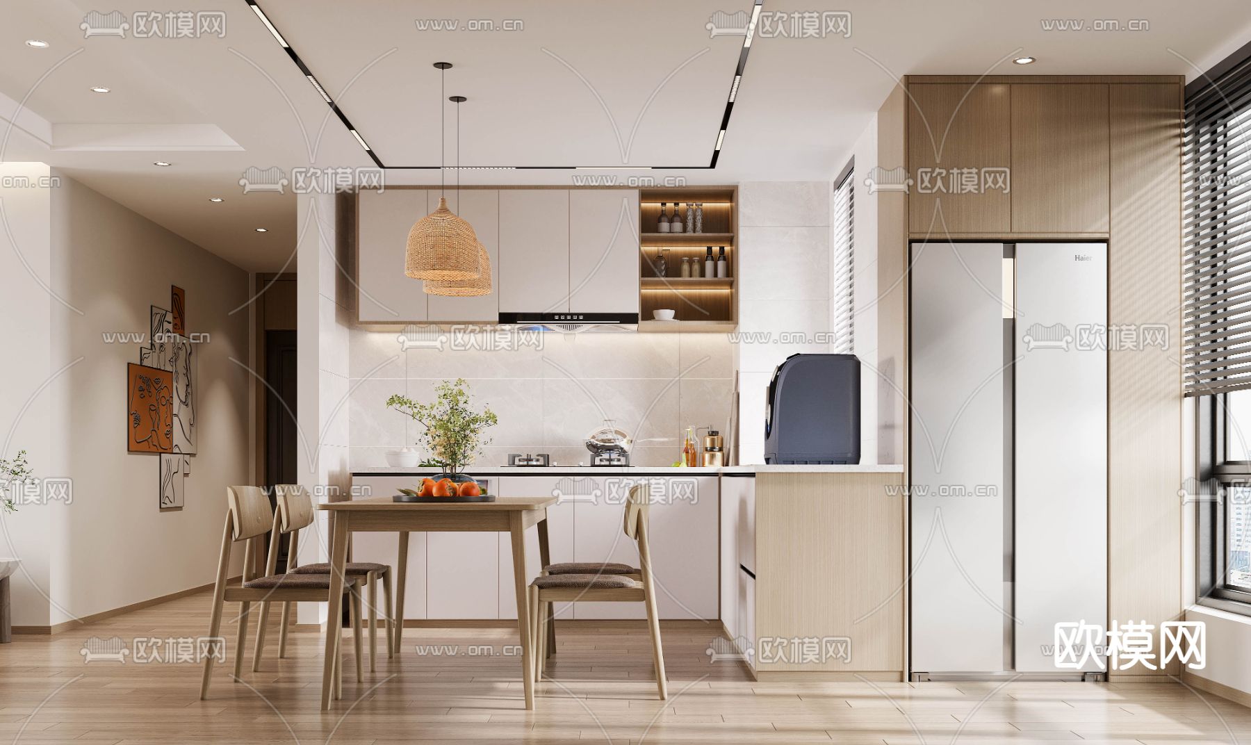 北欧客餐厅 木质餐桌3d模型下载（渲染图2）