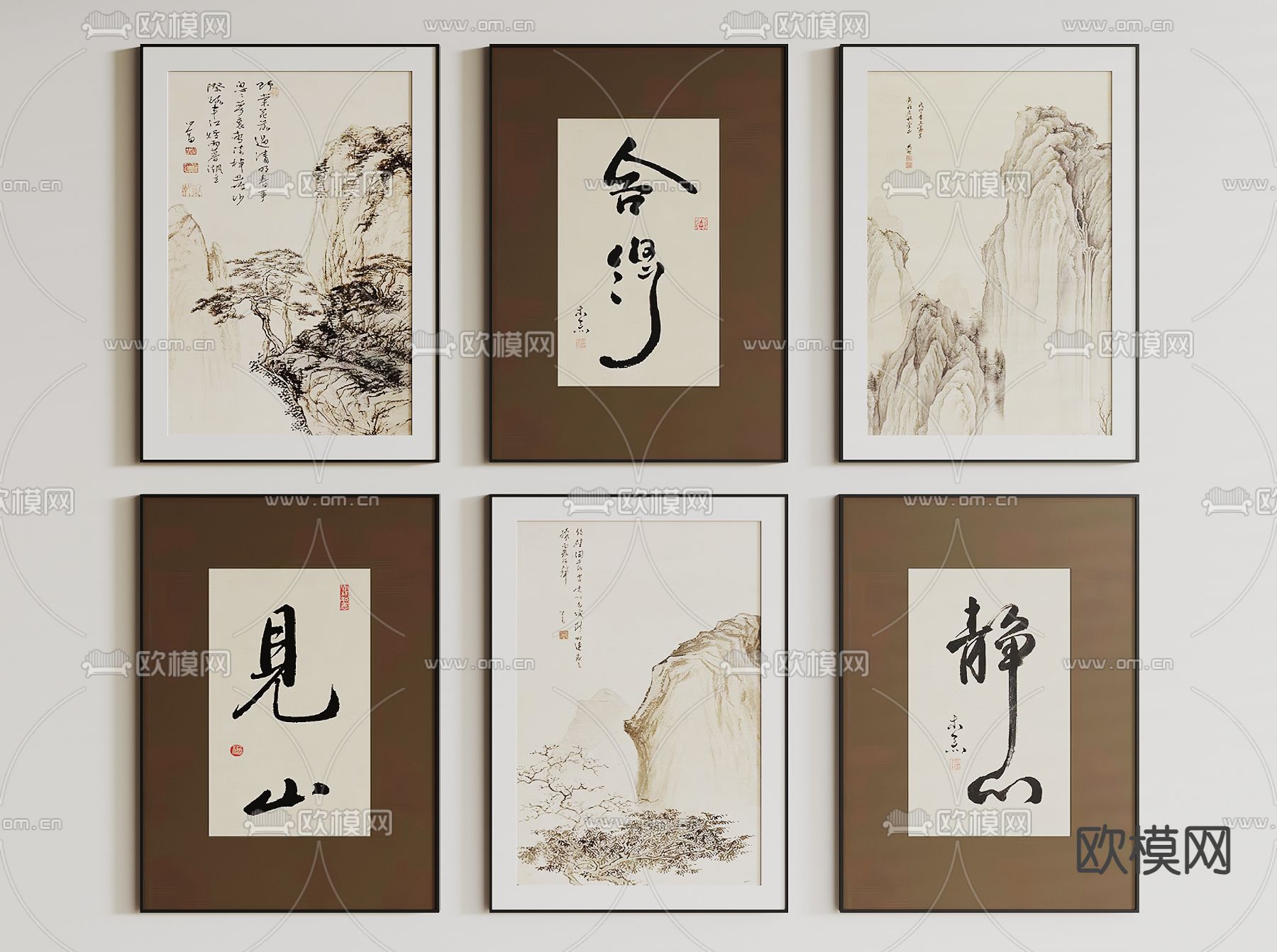 新中式挂画 字画 山水画su模型下载（渲染图2）