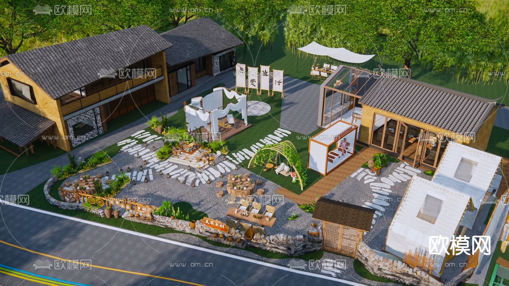 新中式露营庭院 乡村庭院帐篷3d模型下载