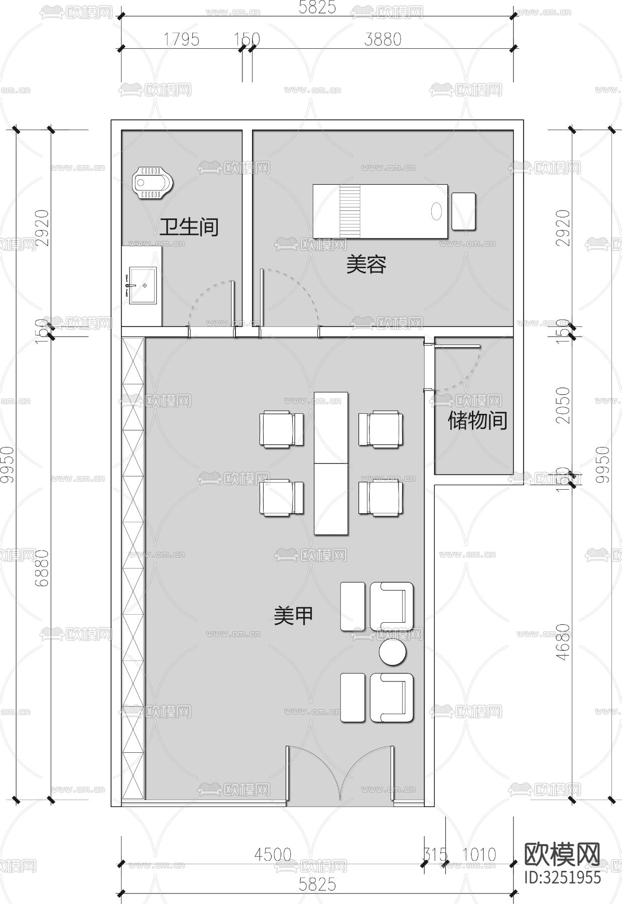 美甲美容护肤中心cad平面图下载（渲染图1）