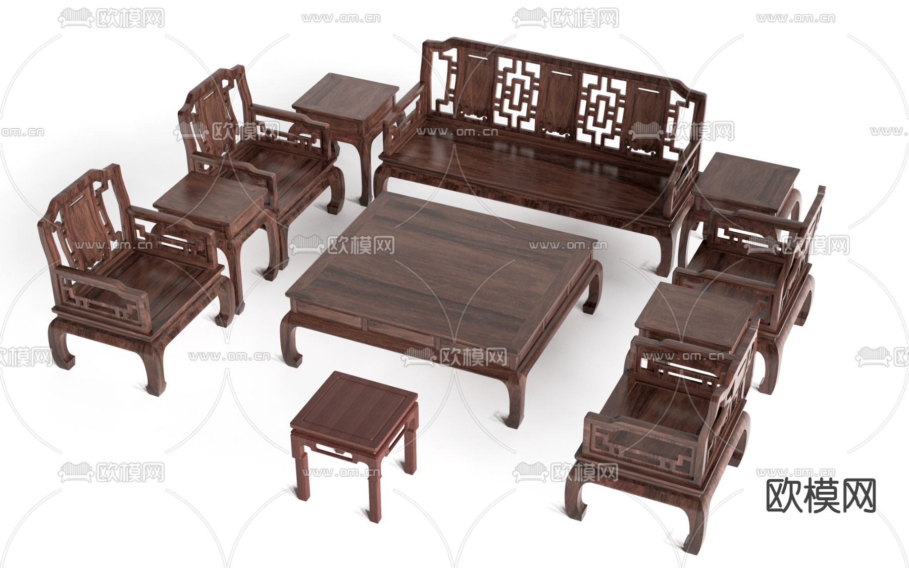 中式组合沙发 红木沙发su模型下载（渲染图1）