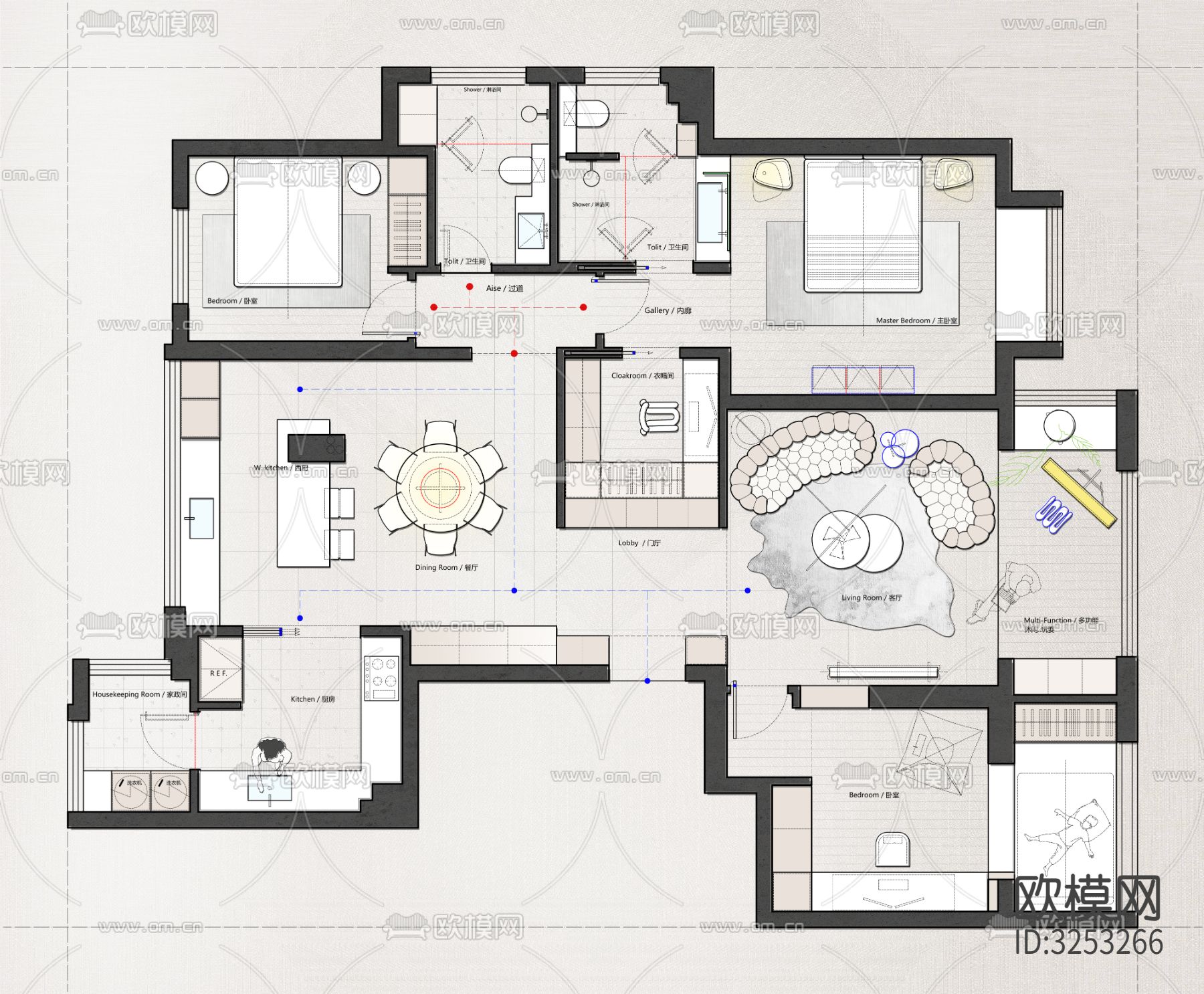 140㎡平层3房【2稿方案】cad施工图下载（渲染图2）