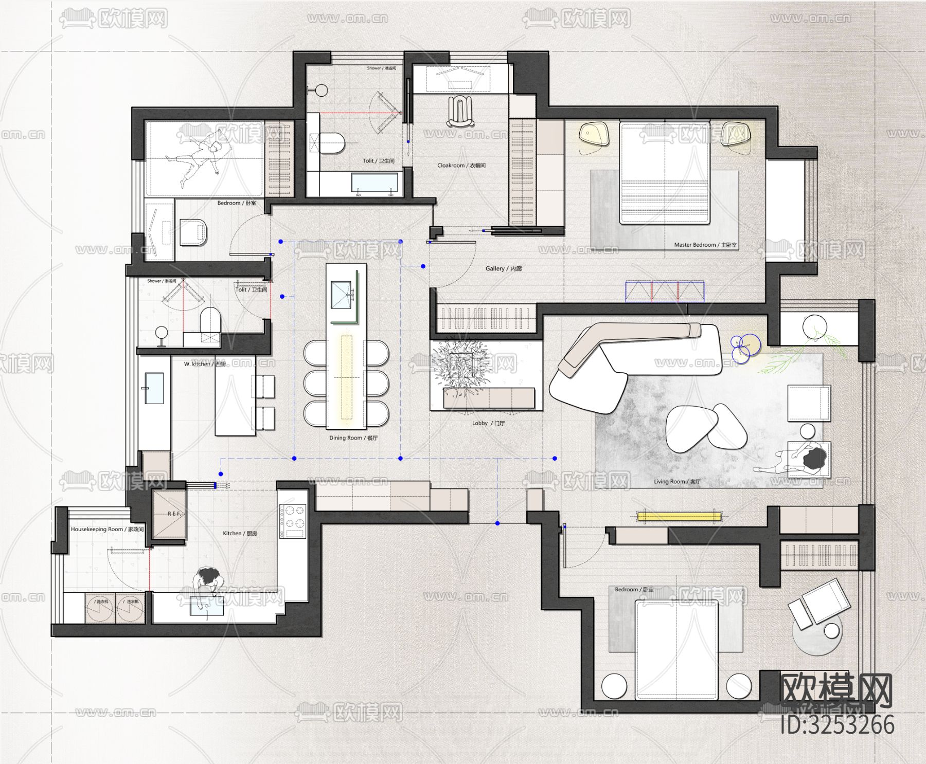 140㎡平层3房【2稿方案】cad施工图下载（渲染图1）