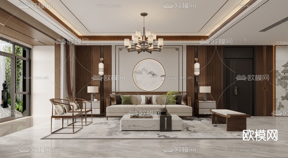 新中式客厅3d模型下载(渲染图3)