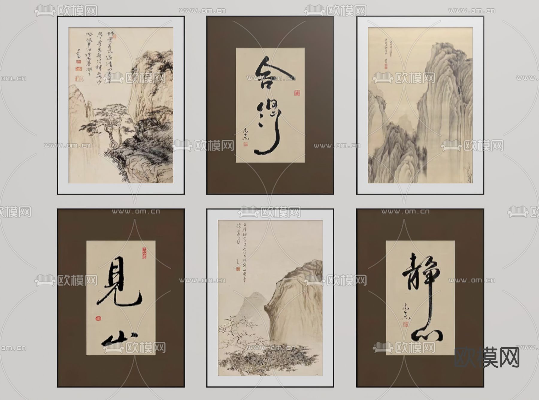新中式挂画 字画 山水画su模型下载（渲染图1）