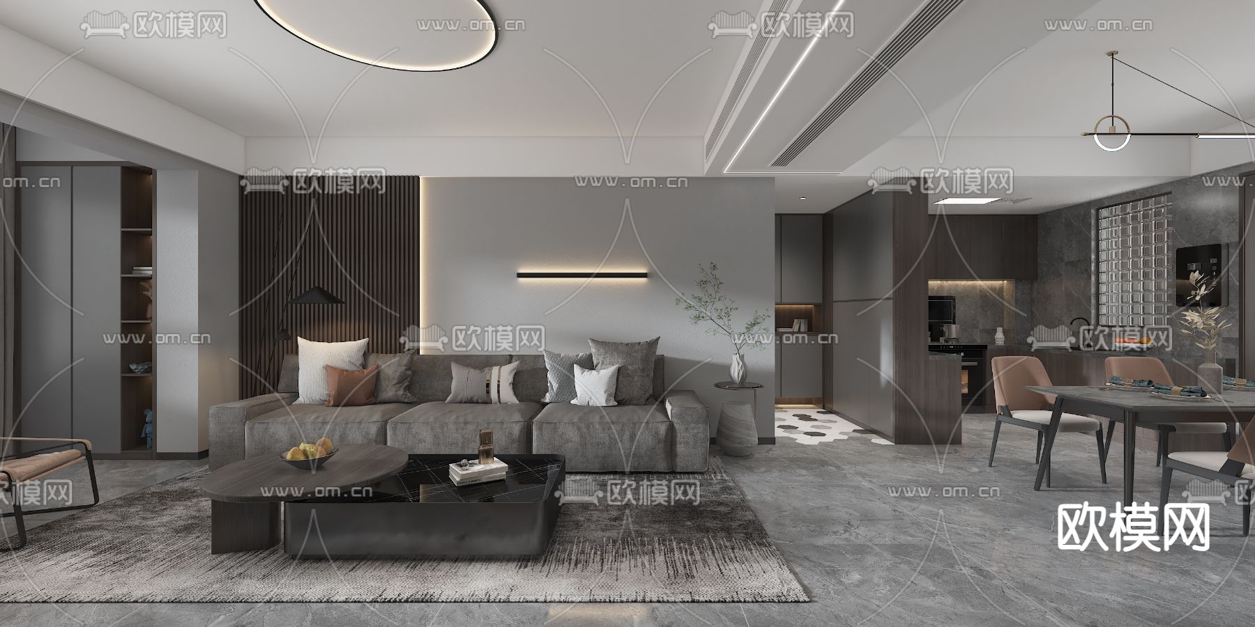 黑白灰客餐厅3d模型下载（渲染图1）