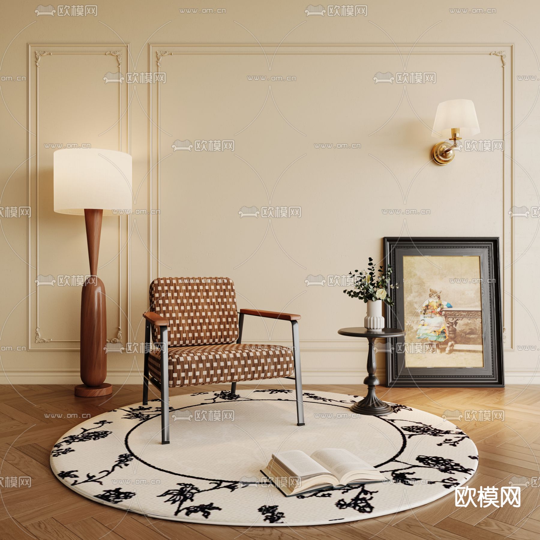 中古风休闲椅 单人椅su模型下载（渲染图1）